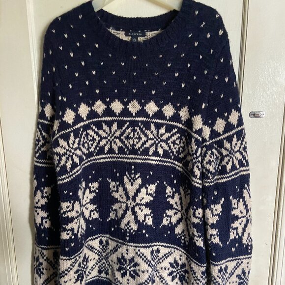 VTG‎ Lands End Sweater Mens XL Blue Wool Blend Winter Fair Isle Snowflake READ - Picture 1 of 9